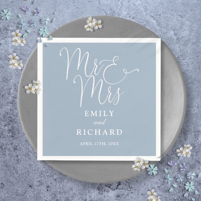 Serviette En Papier M. Et Mme Script Elegant Dusty Blue Mariage (Mr And Mrs Script Elegant Dusty Blue Wedding Napkins)