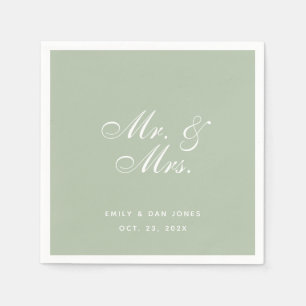 Serviette En Papier M. & Mme Sage Mariage Blanc Élégant Script Vert