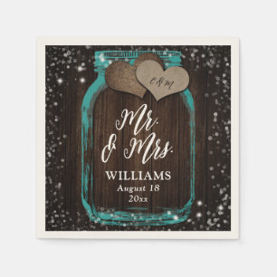 Serviette En Papier M. & Mme Turquoise Rustic Wood Mason Jar Mariage