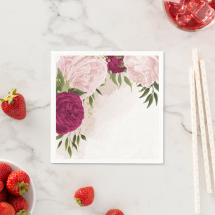 Serviette En Papier magenta fleurs roses verdure mariage