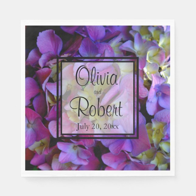 Serviette En Papier Magenta Purple bleu jaune Hydrangeas fleurs (Devant)