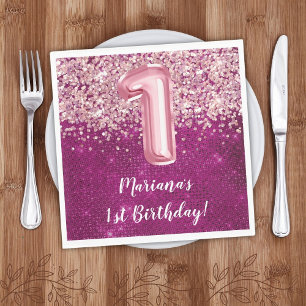 Serviette En Papier Magenta Rose Fille 1er anniversaire