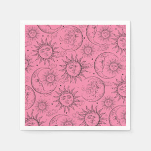 Serviette En Papier Magie Rose Vintage Céleste Soleil Lune Étoiles