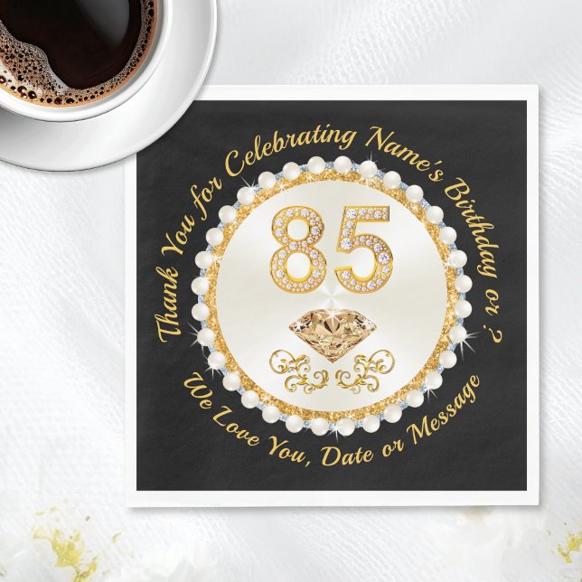 Serviette En Papier Magnifiques Serviettes Noir et Or pour 85e Anniver (85th birthday napkins. Beautiful, 85th birthday decorating ideas. 85th birthday supplies for women. )