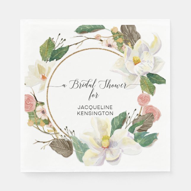 Serviette En Papier Magnolia Aquarelle blanche floue feuille or (Devant)