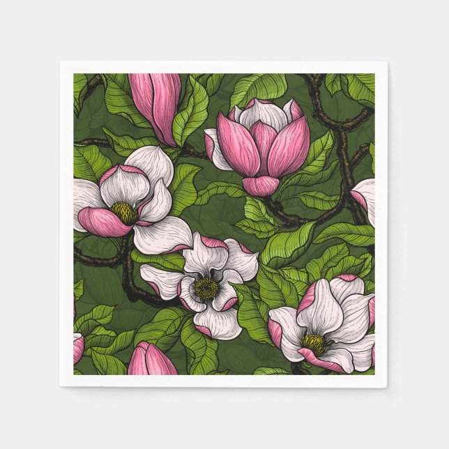 Serviette En Papier Magnolia en floraison sur vert foncé (Devant)