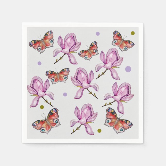 Serviette En Papier Magnolia et papillons, motif aquarelle (Devant)