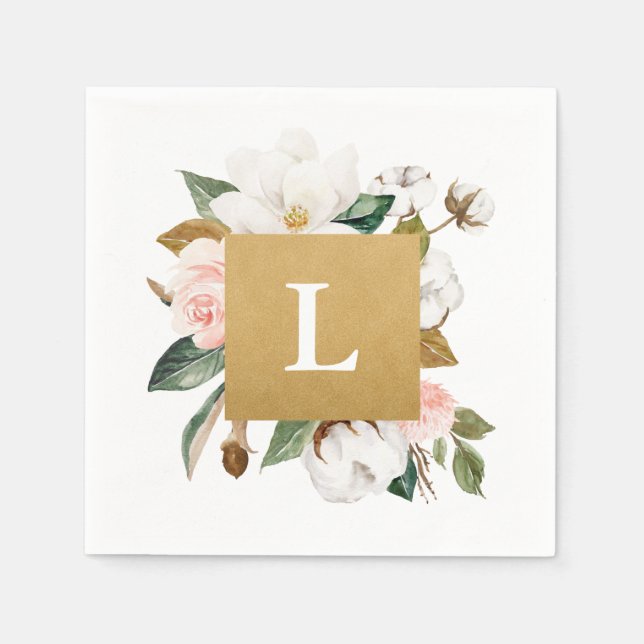 Serviette En Papier Magnolia & Fleurs de Coton Mariage Cocktail Napkta (Devant)