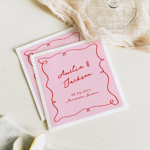 Serviette En Papier Main Whimsical tirée rose et Mariage rouge