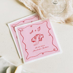 Serviette En Papier Main Whimsical tirée rose et Mariage rouge