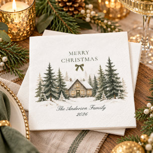 Serviette En Papier Maison de Noël Cosy Olive Famille Joyeux Noël