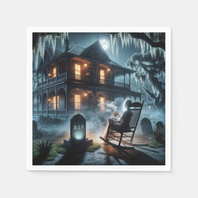Serviette En Papier Maison hantée d'Halloween avec pierre tombale (Devant)