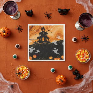 Serviette En Papier Maison Hantée Halloween Orange Paillettes Dorées
