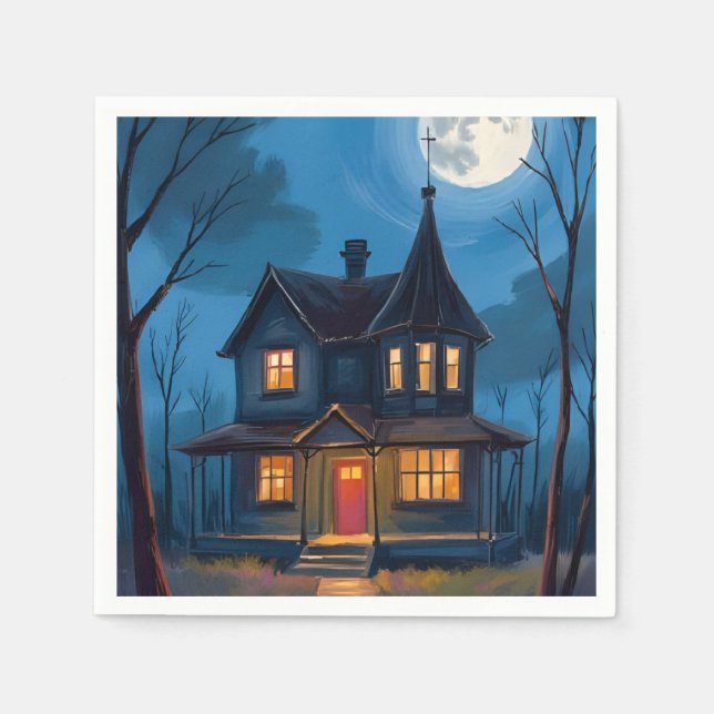 Serviette En Papier Maison Hantée Halloween Peint À La Main (Devant)