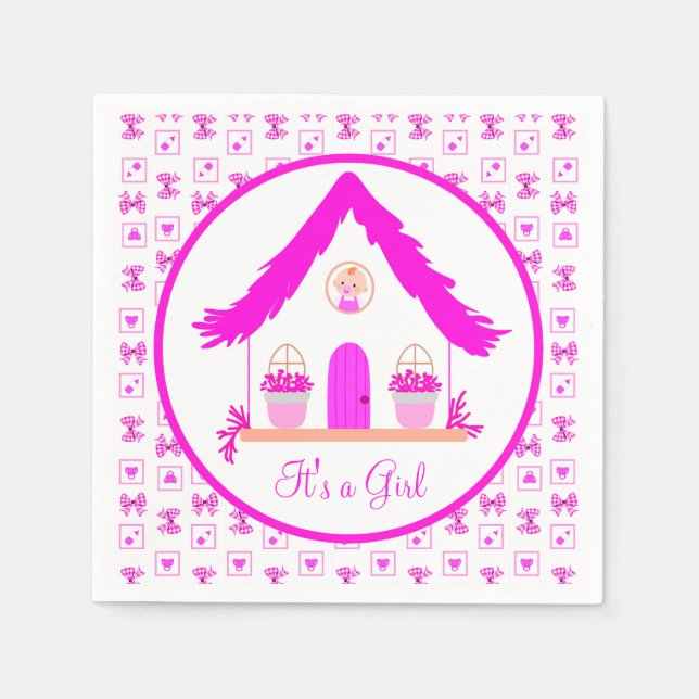 Serviette En Papier Maison rose personnalisée C'est une fille (Devant)