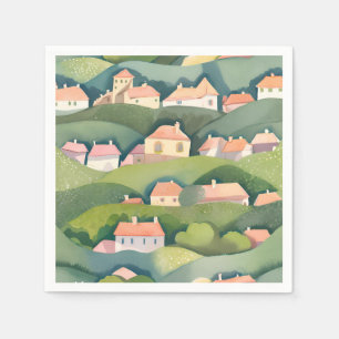Serviette En Papier Maisons de Côte Peinture Aquarelle Naturelle et