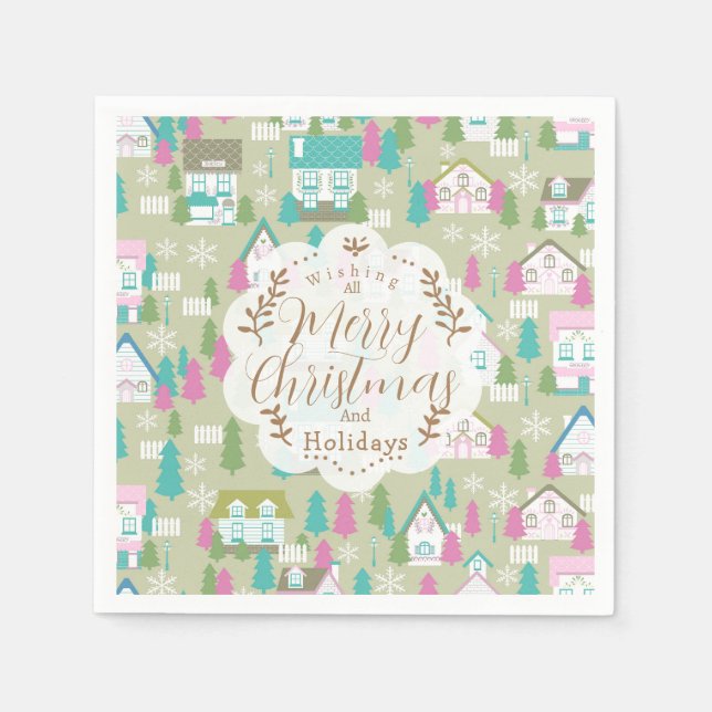 Serviette En Papier Maisons de Noël Vert (Devant)