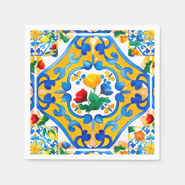 Serviette En Papier Majolique, citron, carreaux siciliens (Devant)