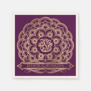 Serviette En Papier Mandala Mariage indien Napkin violet et or