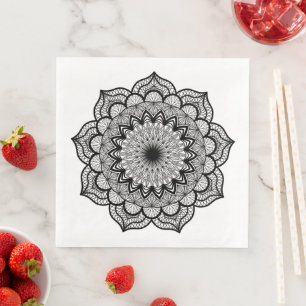 Serviette En Papier Mandala noir sur fond blanc