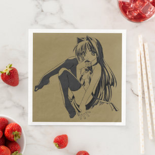 Serviette En Papier Manga, Chat fille aux oreilles de chat Furry Kawai