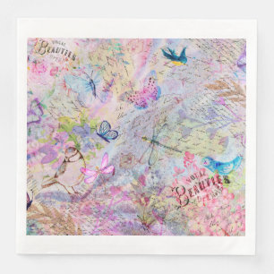 Serviette En Papier Manuscrit rose floral de papillon d'oiseaux de