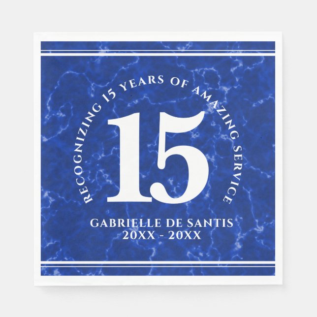 Serviette En Papier Marbre Bleu Élégant 15 Anniversaire Du Travail (Devant)