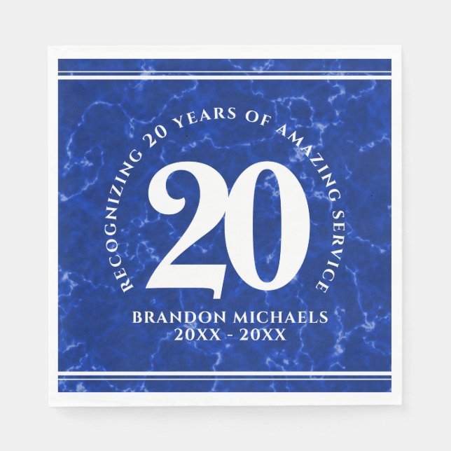 Serviette En Papier Marbre Bleu Élégant 20 Anniversaire du travail (Devant)