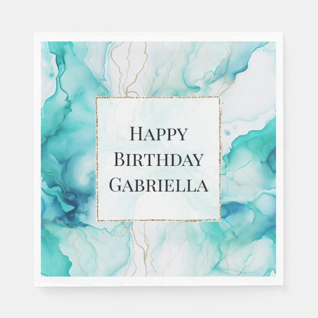 Serviette En Papier Marbre d'encre or Mint Aqua (Devant)