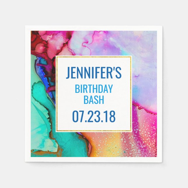 Serviette En Papier Marbre rose violet vert Abstrait Aquarelle (Devant)