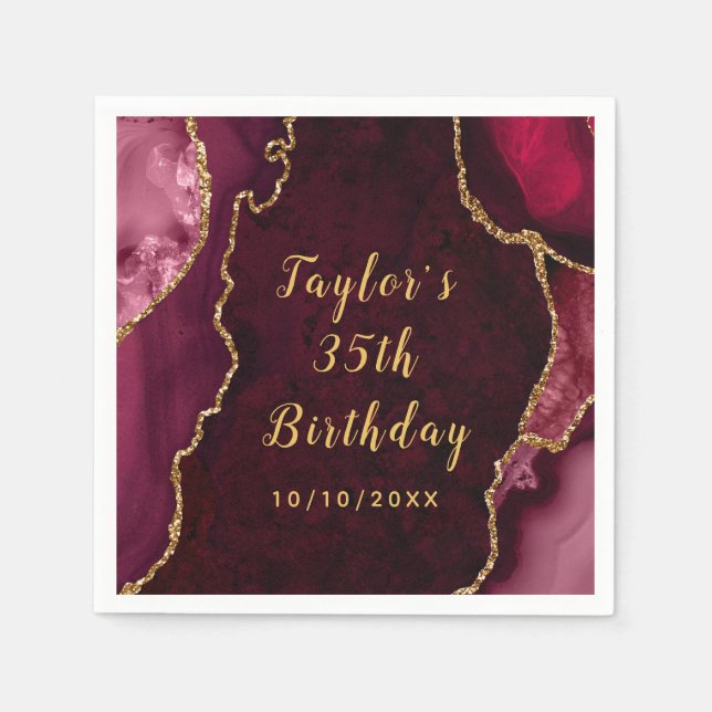 Serviette En Papier Marbre rouge et or Agate Anniversaire (Devant)