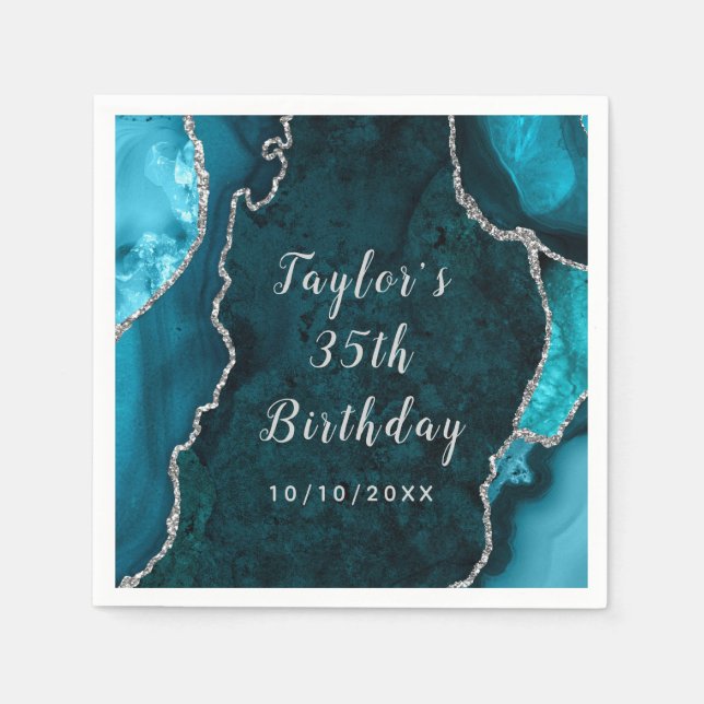 Serviette En Papier Marbre turquoise et Argent Agate Anniversaire (Devant)