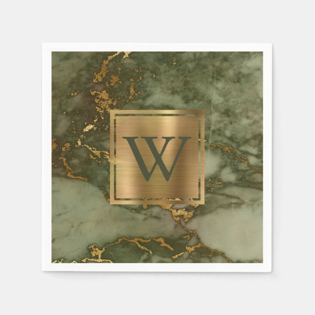 Serviette En Papier Marbre Vert Olive Élégant Monogramme Or (Devant)