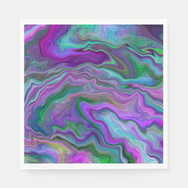 Serviette En Papier Marbre violet, vert et bleu Fluid Art (Devant)