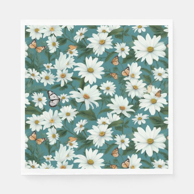 Serviette En Papier Marguerites blanches et papillons (Devant)