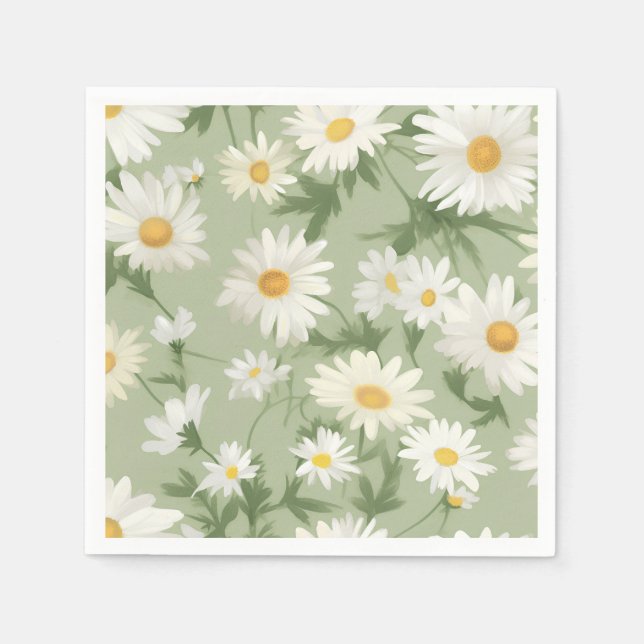 Serviette En Papier Marguerites blanches sur vert (Devant)