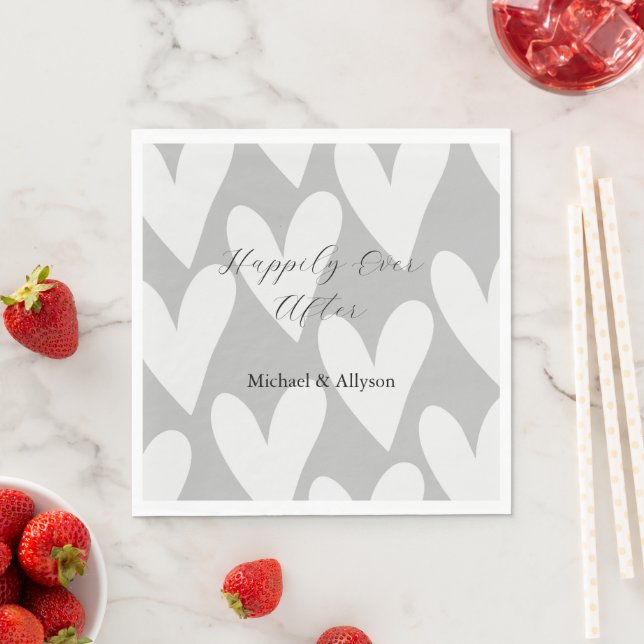 Serviette En Papier Mariage à coeurs blancs gris (En situation)