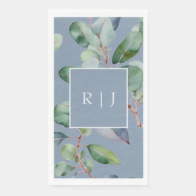 Serviette En Papier Mariage à la Monogramme de Eucalyptus Bleu Poussié (Devant)