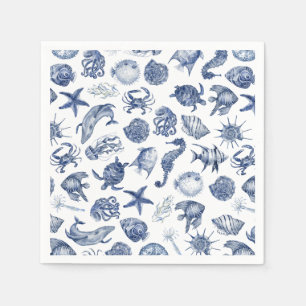 Serviette En Papier Mariage à l'aquarelle moderne bleu côtier de plage