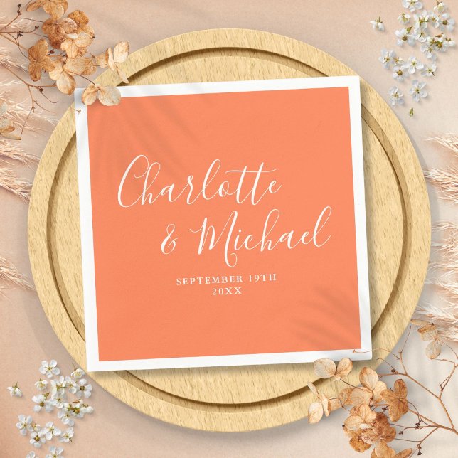 Serviette En Papier Mariage à signature élégante corail (Coral Elegant Signature Script Wedding Napkins)