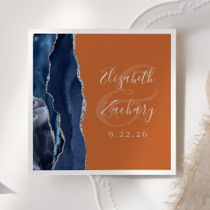 Serviette En Papier Mariage Agate Bleu Nuit Argent Orange Brûlé