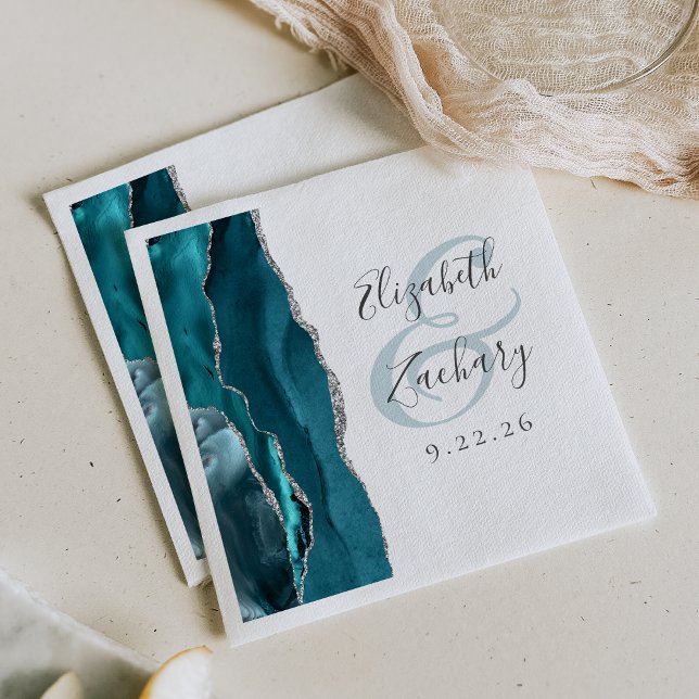 Serviette En Papier Mariage Agate Geode Script Turquoise Argent (Créateur téléchargé)