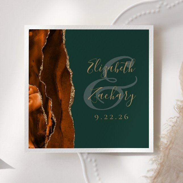 Serviette En Papier Mariage Agate Orange Brûlé Vert Foncé Or (Créateur téléchargé)