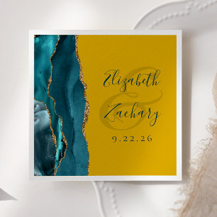 Serviette En Papier Mariage Agate Script Sarcelle Or Jaune Moutarde