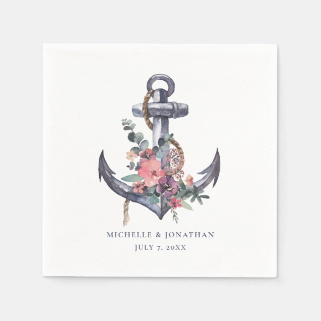 Serviette En Papier Mariage Ancre floral nautique (Devant)