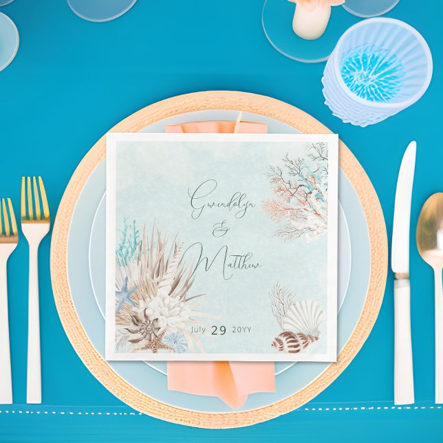 Serviette En Papier Mariage Aqua Ocean & Shells (Modern Aqua Ocean & Shells Wedding Dinner Napkin)