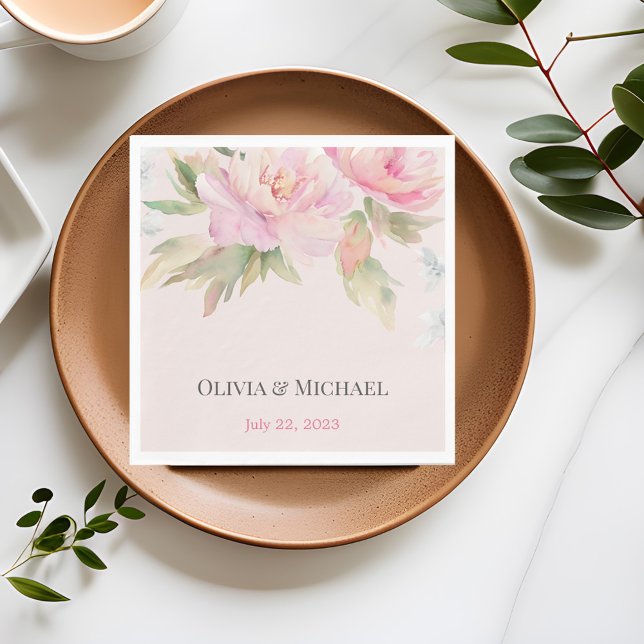 Serviette En Papier Mariage Aquarelle Elégante de pivoine rose serviet (Créateur téléchargé)