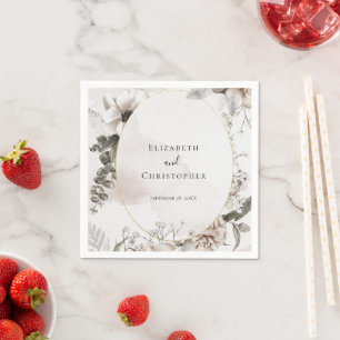 Serviette En Papier Mariage aquarelle floral gris rose carmin