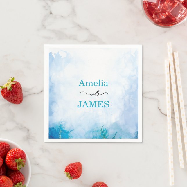 Serviette En Papier Mariage aquarelle moderne bleu et turquoise (En situation)
