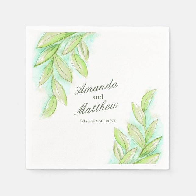 Serviette En Papier Mariage aquarelle ressort feuille vert personnalis (Devant)